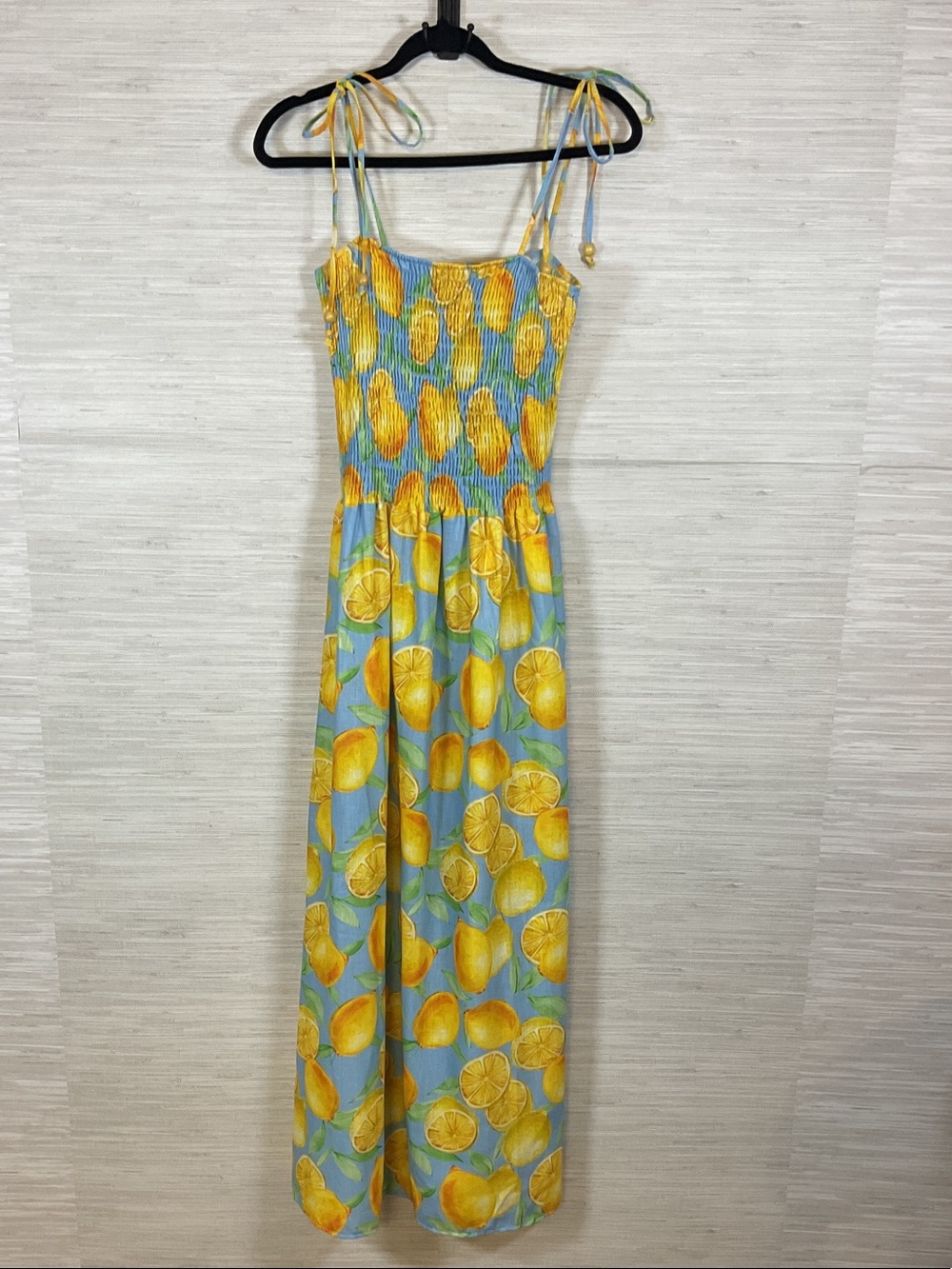 Vanessa Zani Italy Lemon Print Smocked Maxi Dress - Yellow & Light Blue XL NWT